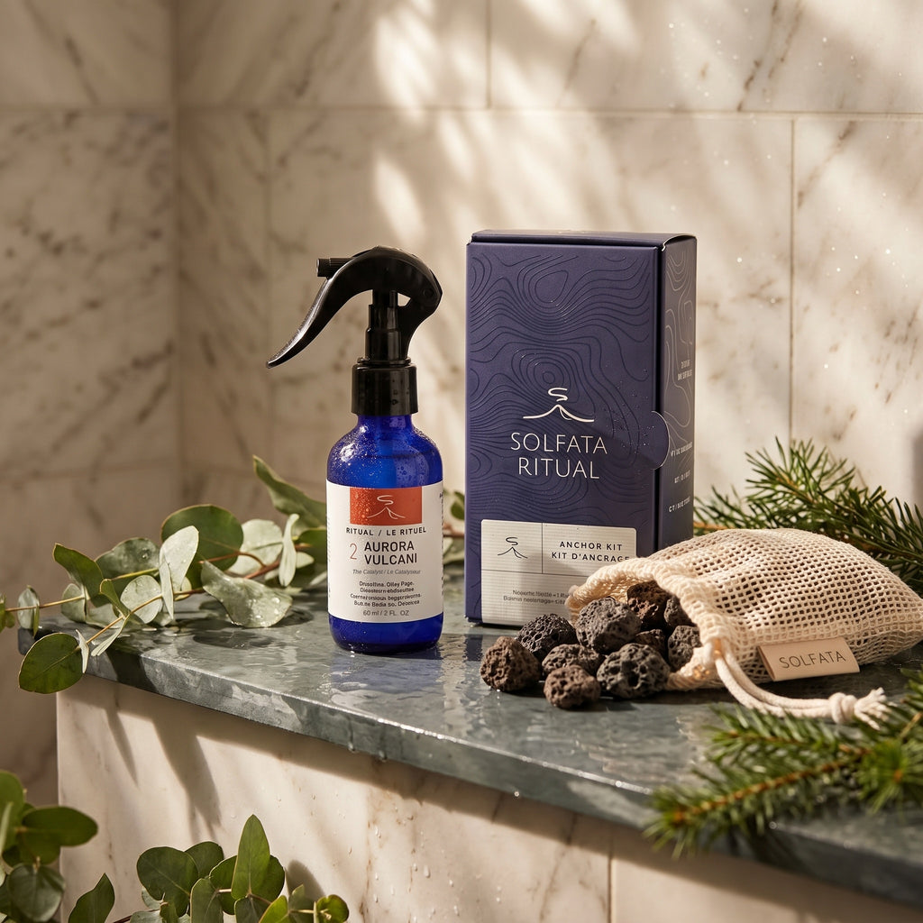 Aurora Vulcani Complete Ritual: the Aurora Vulcani ritual mist beside the Anchor Kit box and a mesh bag of volcanic stones on a marble shower ledge
