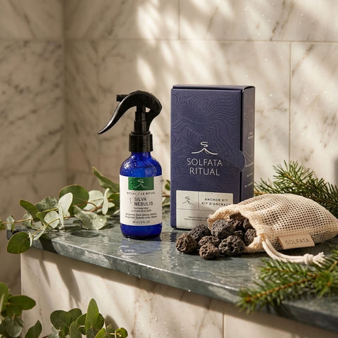 Silva Nebulis Complete Ritual: the Silva Nebulis ritual mist beside the Anchor Kit box and a mesh bag of volcanic stones on a marble shower ledge